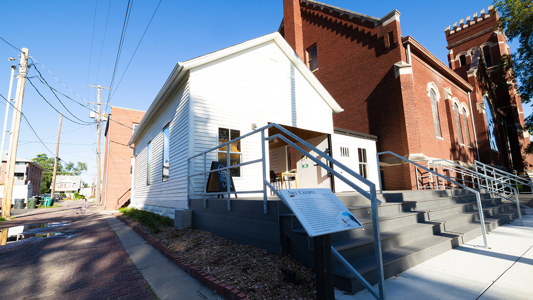The exterior of the newly remodeled Art Chapel, located on the north side of the F Street Neighborhood Church. The 1873 structure served as one of Lincoln's earliest churches and has gone through several iterations before becoming a community creative space. The building was remodeled by a team of University of Nebraska–Lincoln architecture students, in partnership with local contractors and the church.