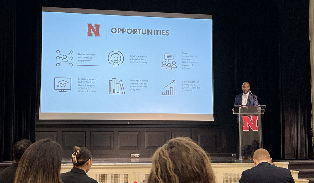 Marco Barker, vice chancellor for diversity and inclusion, closes his remarks during the annual State of Diversity Nov. 16.