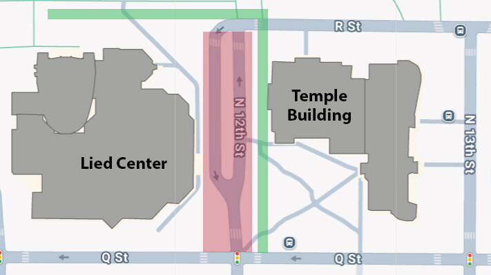Map showing the area impacted by construction along 12th Street, between Q and R streets. The roadway will be closed, while sidewalks north of the Lied and immediately west of the Temple Building will remain open during the project.