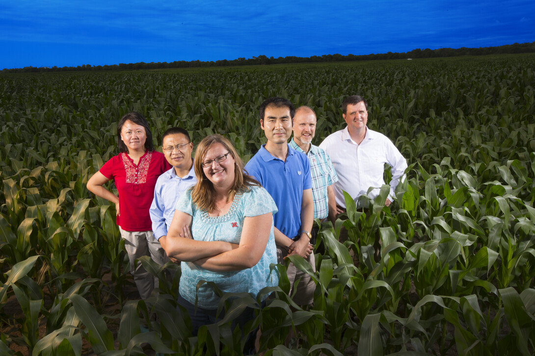 A UNL team is studying how climate and agricultural changes influence groundwater quality. From left: Yusong Li, civil engineering; Zhenghong Tang, community and regional planning; Shannon Bartelt-Hunt, civil engineering; Xu Li, civil engineering; Dan Snow, Nebraska Water Center; and Eric Thompson, economics. Not pictured is David Rosenbaum, economics.