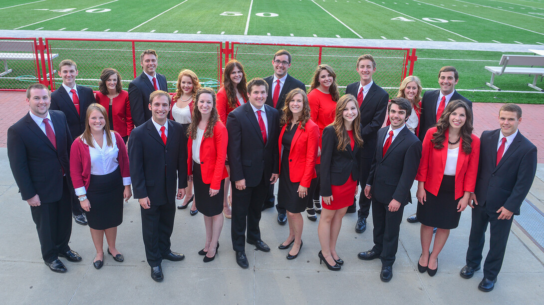 The 2014 Homecoming Royalty are (back row, from left) Zach Foster, Chelsea Kubicek, Eric Heidemann, Renee Donner, Emily Davis, Andrew "A.J." Blazek, Sarah Lambert, Steve Dosskey, Shelby Kruse, Jeffrey Story, (front row, from left) Joshua Burks, Brianne Steffensmeier, Joseph Farley, Claire Uryasz, Derek VanLannigham, Kelsey Moore, Christina Guthmann, Bryan Howard, Mary Pistillo and Shane Manning.