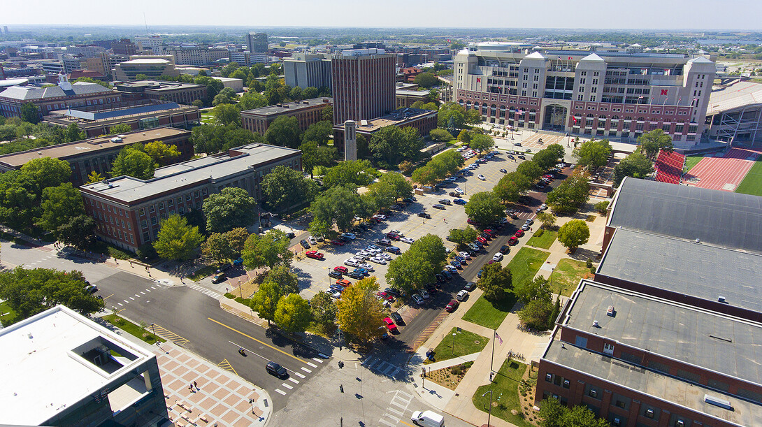 The Memorial Loop Road, looking southwest toward Memorial Stadium from the corner of 14th and Vine streets.