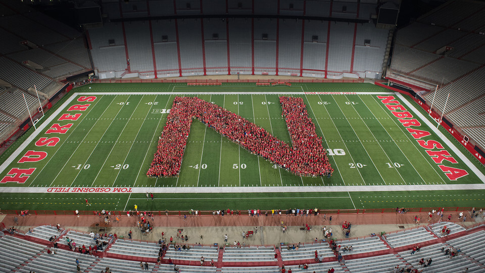 New students form a Husker N in Memorial Stadium