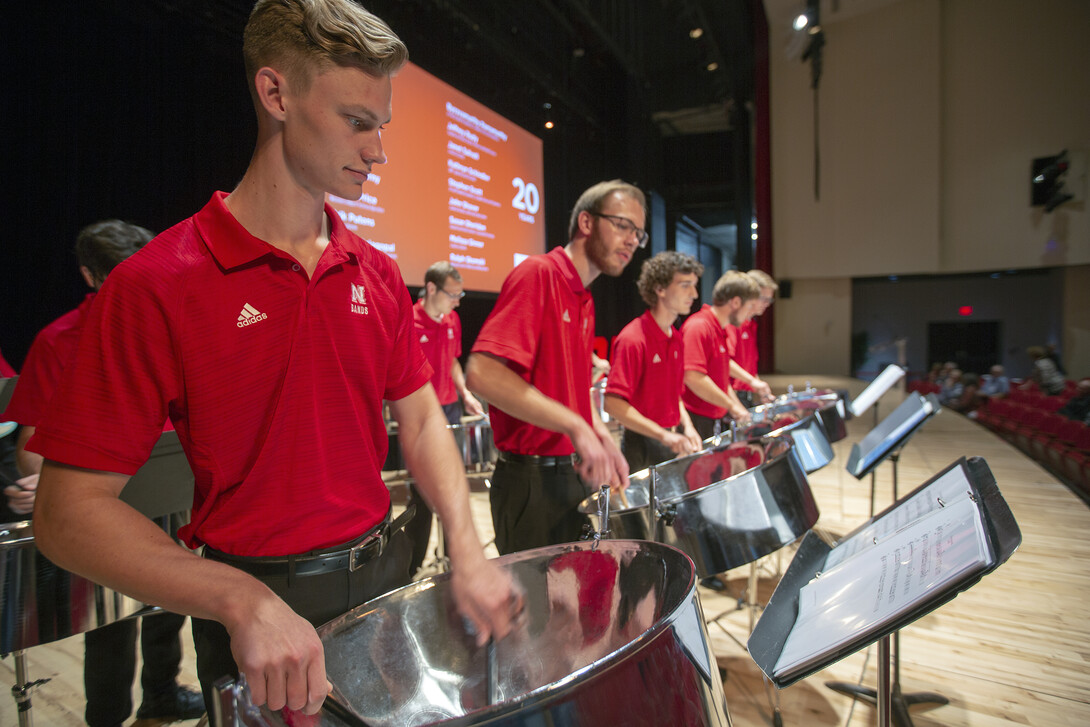 Nebraska Steel, a student steel drum band in the School of Music, performs prior to the start of the Celebration of Service on Sept. 25 in Kimball Recital Hall.