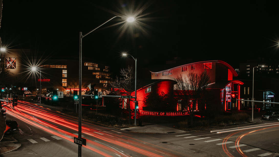 Nebraska Visitors Center at night.