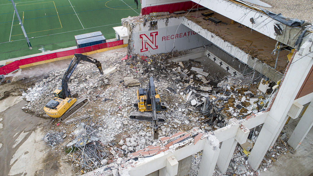 No diving was allowed in the Mabel Lee Hall pool shortly after demolition started in mid-May. Before demolition began, the building was used for training by Lincoln-area first responders.
