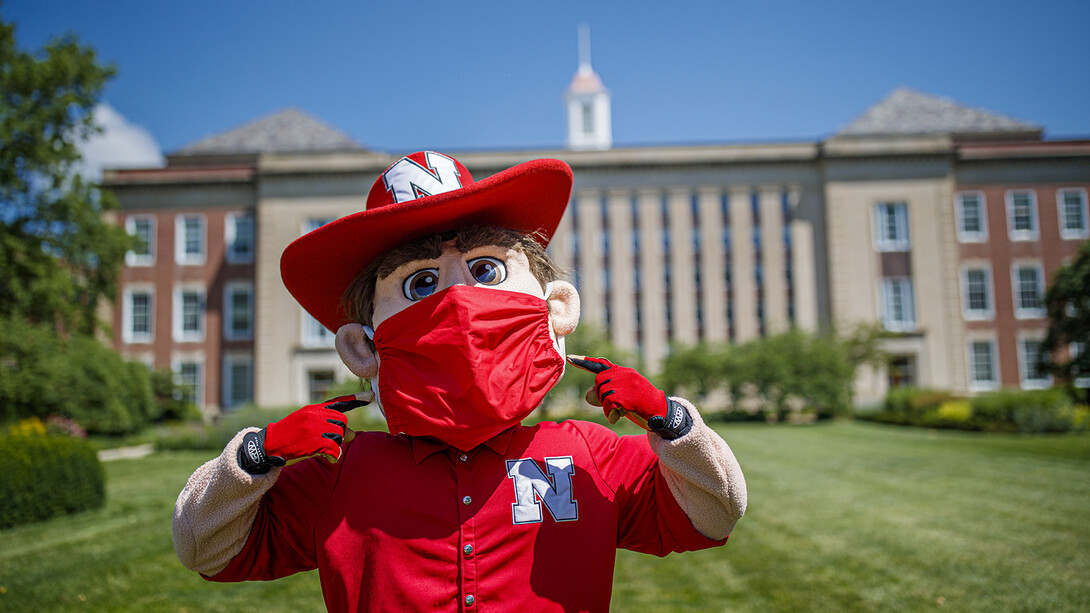 Herbie Husker proudly points to the homemade mask created by Nebraska's Craig and Carole Chandler. Craig, a university photographer, and his wife also helped mask up the life-sized Archie the mammoth sculpture outside of Morrill Hall.