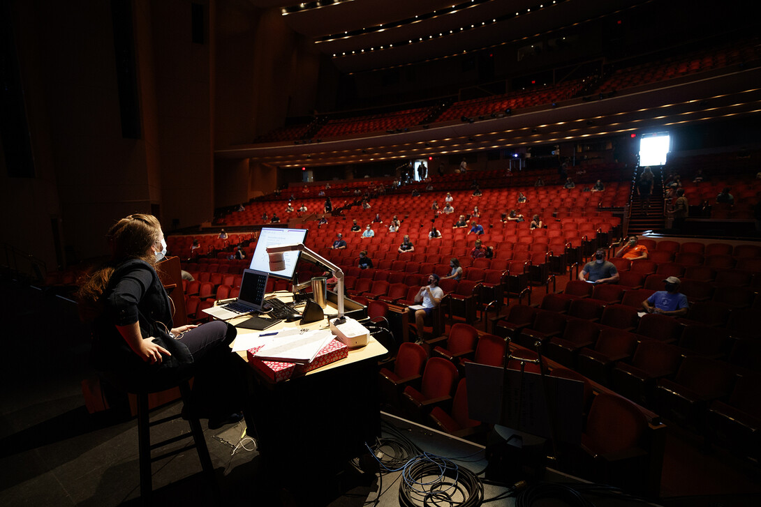 Nebraska's Trisha Vickrey lectures in the Lied Center for Performing Arts during an organic chemistry section on Aug. 24. As part of the university’s response to COVID-19, the performance venue has doubled as a lecture hall that allows for ample social distancing and in-person learning during the fall semester.