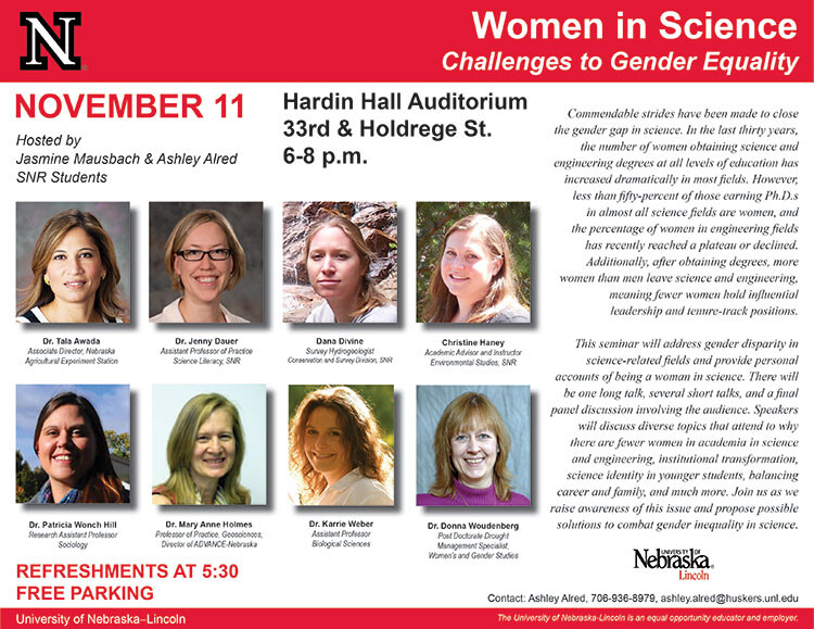 The "Women in Science: Challenges to Gender Equality" seminar will address gender disparity in science-related fields and provide personal accounts of being a woman in science.