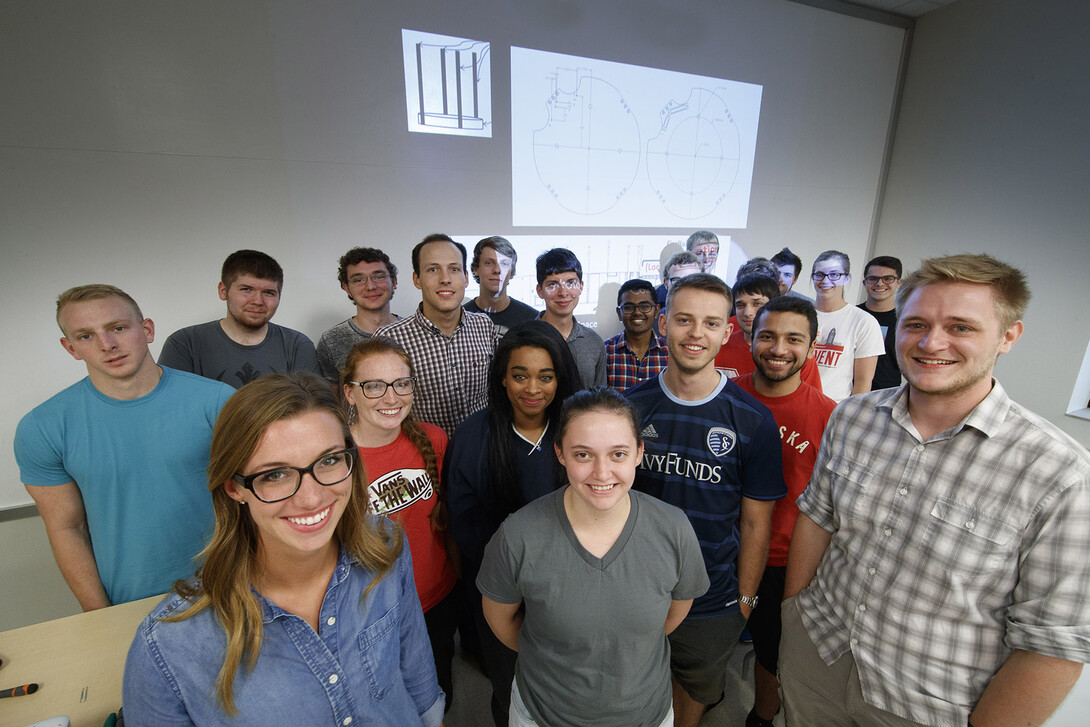 The Nebraska Engineering team includes (front row, from left) Taylor Kerl, Amy Price and Chris Volle, (second row, from left) Ethan Krings, Elizabeth Balarud, Alexa Aikens, Derek Stapleton and Firdavskhon Nasimov and (back row) Nate Jensen, Brandon Warren, Michael Cox, Jacob Stinsin, John Chrostek, Shivang Vaidya, Andrew Reicks, Anton Hassebrook, Mitch Clark, Kevin Pflager, Matthew Bennett, Sarah Wallis and Emin Tahirov.