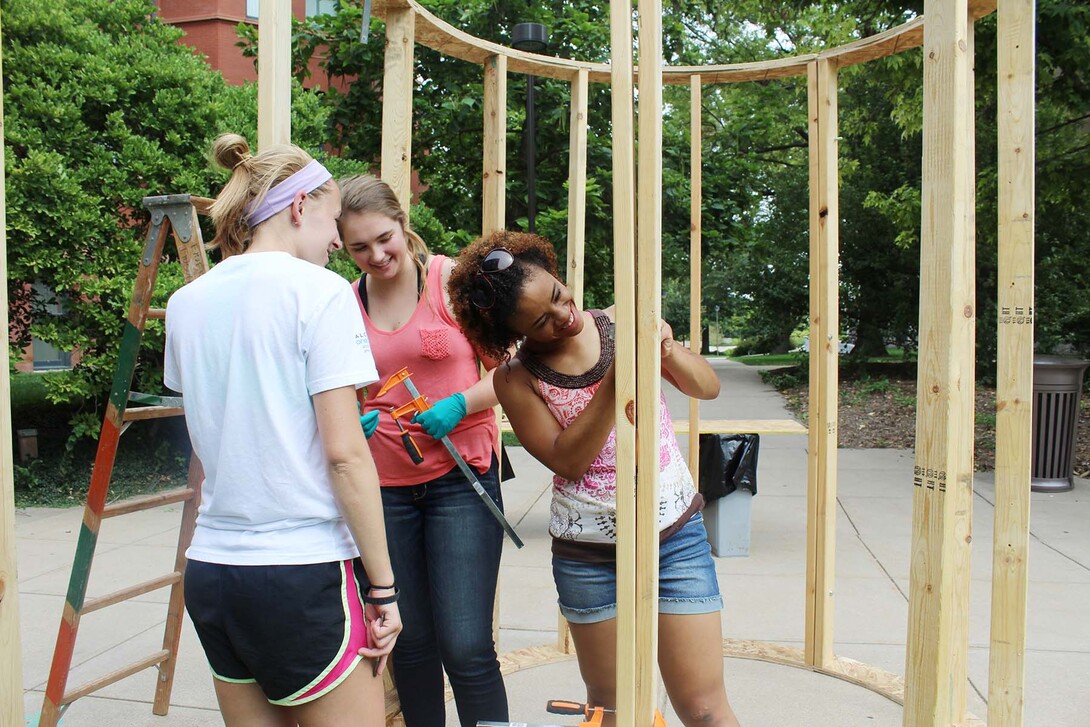 College of Architecture students work on their PARK(ing) Day installation on campus. The exhibits will be on display from 9 a.m. to 5 p.m. Sept. 16.