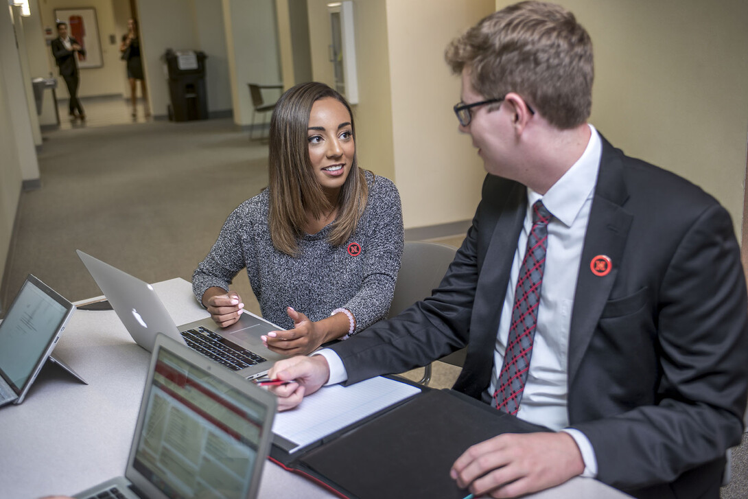 Master of arts in business administration students Ashley Humm and Tate Rittenberger study in the College of Business Administration.