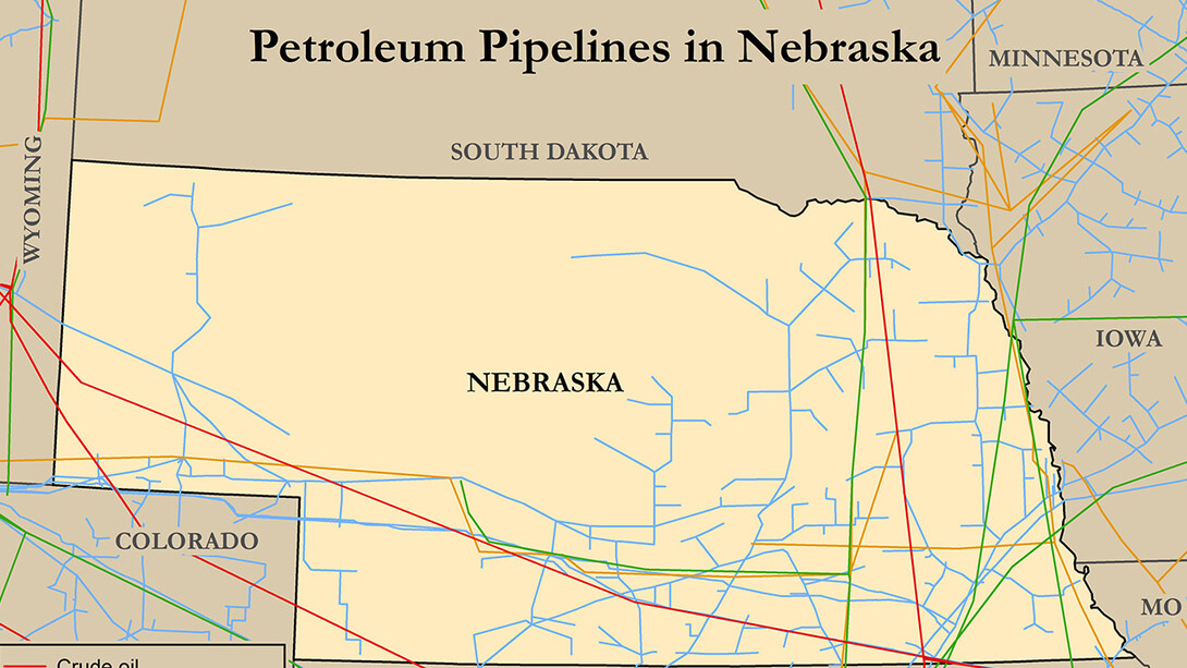 This map, from the publication "Assessing Petroleum Pipelines – Facts and Safety," shows existing petroleum pipelines in Nebraska as of 2014, including crude oil, petroleum products, natural gas and hydrocarbon gas liquids.