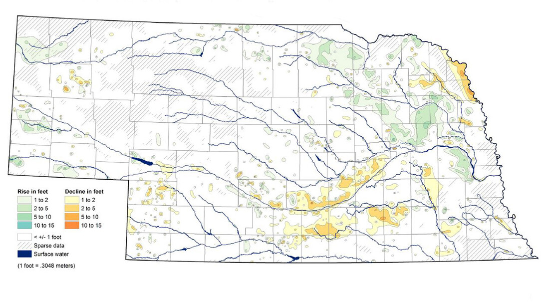 This map from the 2017 Nebraska Statewide Groundwater-Level Monitoring Report shows groundwater-level changes in Nebraska from spring 2016 to spring 2017.