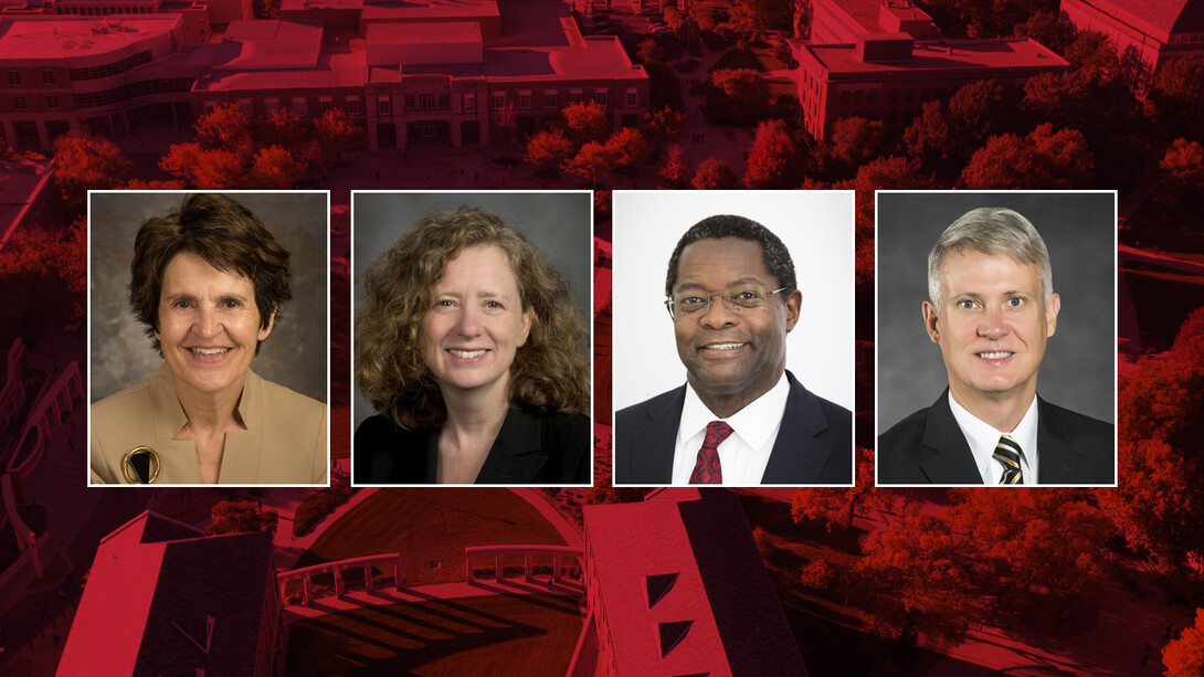 Four finalists — (from left) Laurie Nichols of Black Hills State, Elizabeth Spiller of UC Davis, Samuel Mukasa of U. of Minnesota, and John Wiencek of U. of Idaho — will interview to become the next executive vice chancellor. Public presentations begin Oct. 2.
