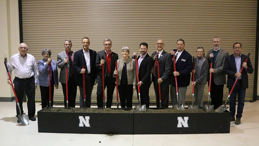 The University of Nebraska–Lincoln broke ground on its Feedlot Innovation Center near Mead on Nov. 4. Participating in the ceremony were (from left) Dennis and Glenda Boesiger; Clint Krehbiel, head of the Department of Animal Science; Mike Drury, president of Greater Omaha Packing; Chancellor Ronnie Green; Beth Klosterman; Steve Cohron, president of fed beef, JBS USA; IANR Vice Chancellor Mike Boehm; Doug Zalesky, director of the Eastern Nebraska Research, Extension and Education Center; Nanc