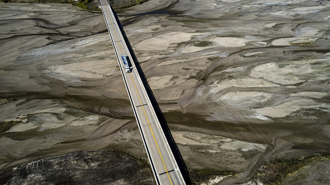 A semi-trailer crosses the dry Platte River near Chapman, Nebraska, on Oct. 13.