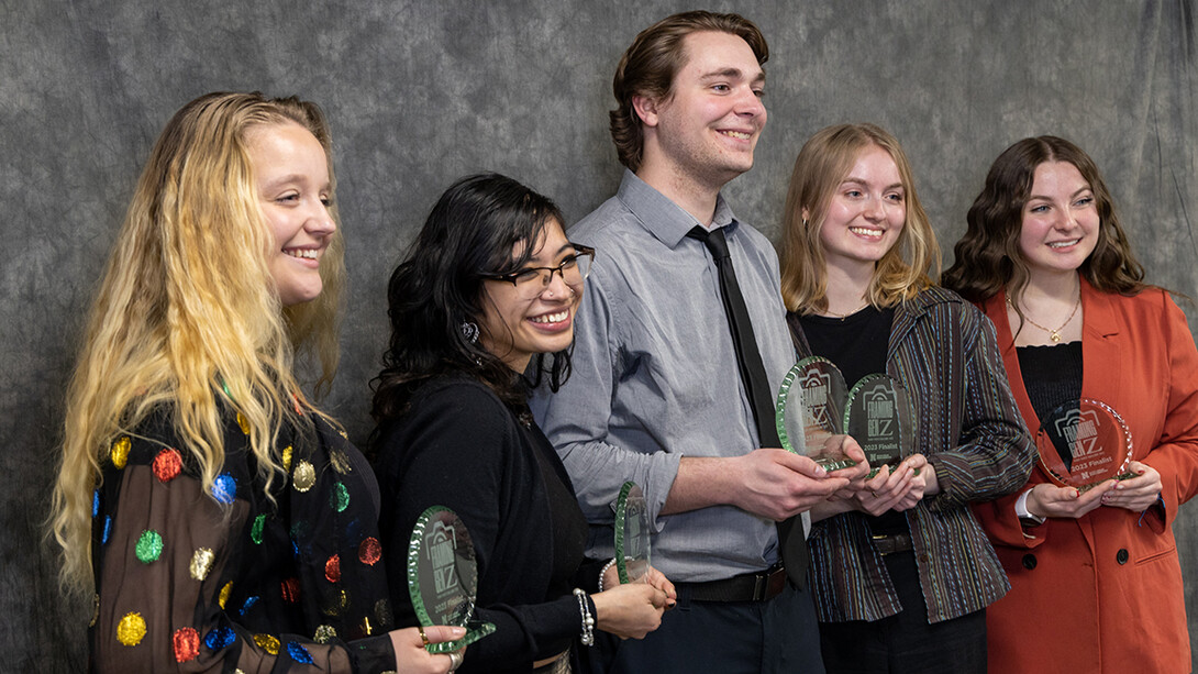 The finalists for the 2023 Perry Photojournalism Challenge pose with their awards. They are (from left) Meredith Gamet, first place; Amber Rodriguez, third place; Hayden Rooney, honorable mention; Jordan Moore, second place; and Lydia Hernandez, honorable mention.