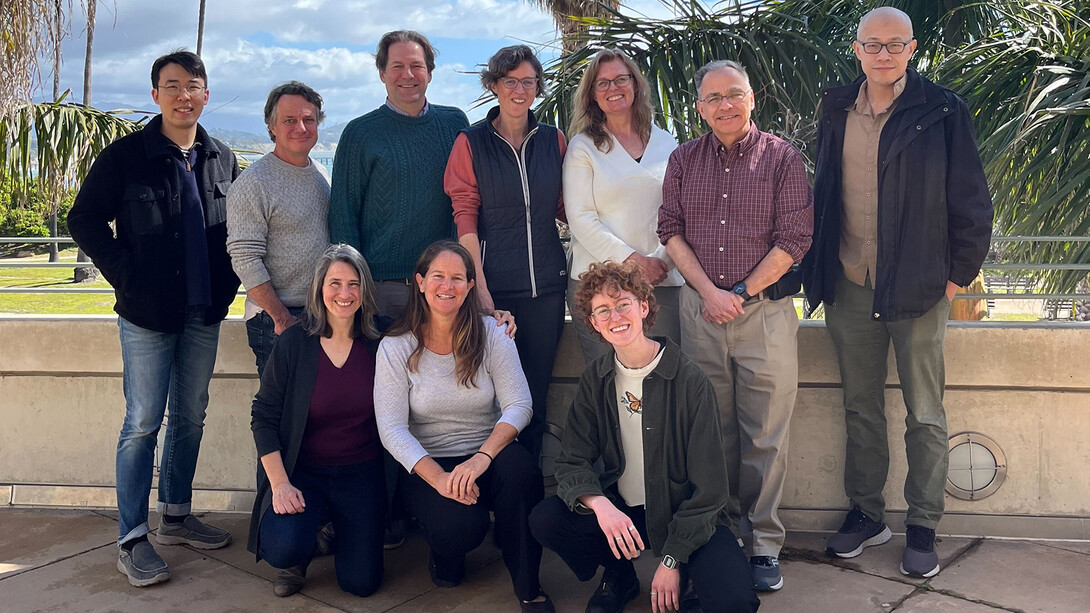 Ten researchers pose in front of palm trees.