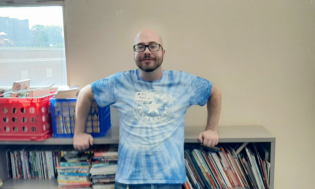 Nick Angelos stands in his classroom at Liberty Elementary School in Omaha.