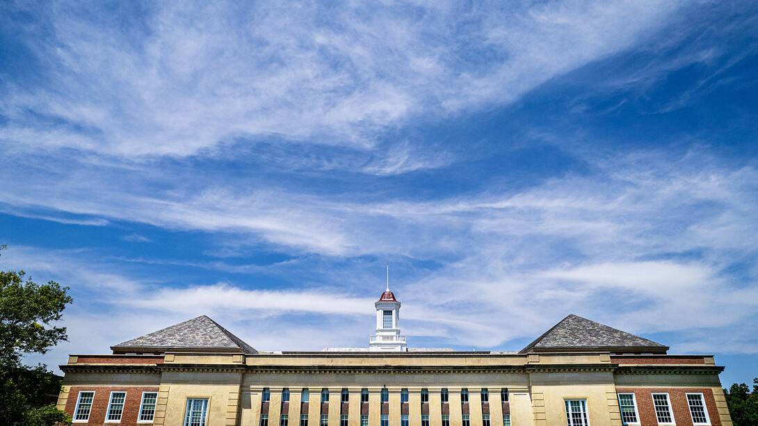 Love Library with wispy clouds overhead