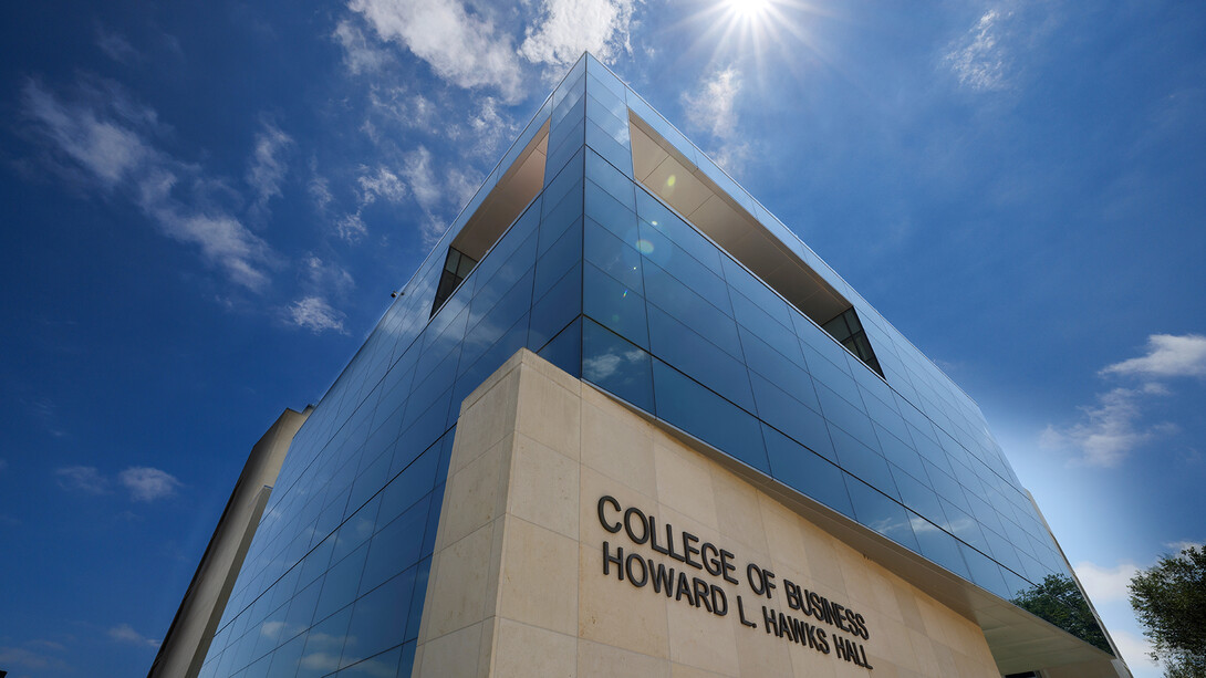 Howard L. Hawks Hall, with the sun shining overhead