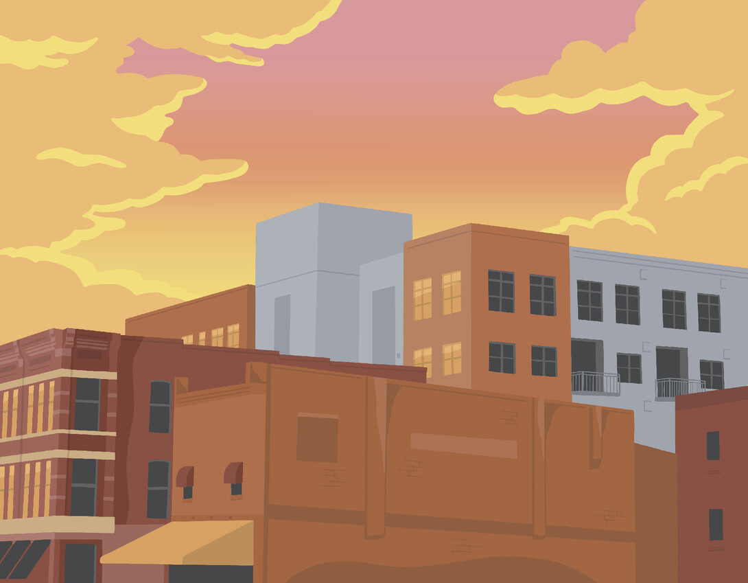 Illustration of buildings below pink and orange sky