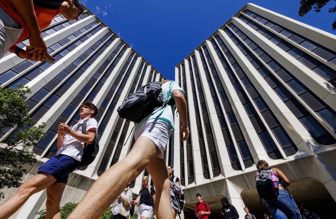 Students walk in and out of Hamilton Hall on the first day of fall classes, Aug. 26.