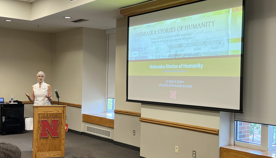 Beth Dotan, research assistant professor, leads a session on using the digital project "Nebraska Stories of Humanity" in high school classrooms.