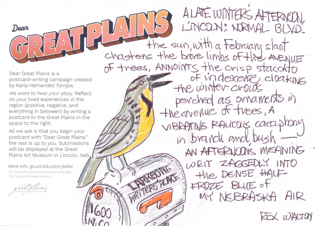 A "Dear Great Plains" postcard with a drawing of a lark on a mailbox that reads "Larksong Writers' Place" next to a poem titled "A Late Winter's Afternoon, Lincoln: Normal Boulevard."