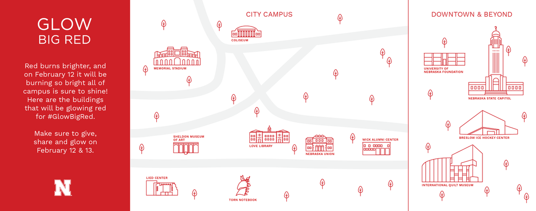 A Glow Big Red map showing locations that will be illuminated in red Feb. 12. The locations are the Breslow Ice Hockey Center, Coliseum, International Quilt Museum, Lied Center for Performing Arts, Memorial Stadium, Nebraska State Capitol, Nebraska Union, Sheldon Museum of Art, Torn Notebook, University of Nebraska Foundation and Wick Alumni Center.