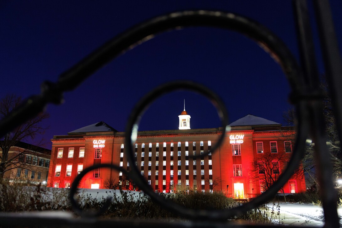 Love Library South is illuminated red Feb. 12 in honor of Glow Big Red — 24 Hours of Husker Giving. A record $1,022,896 was raised during this year’s event.