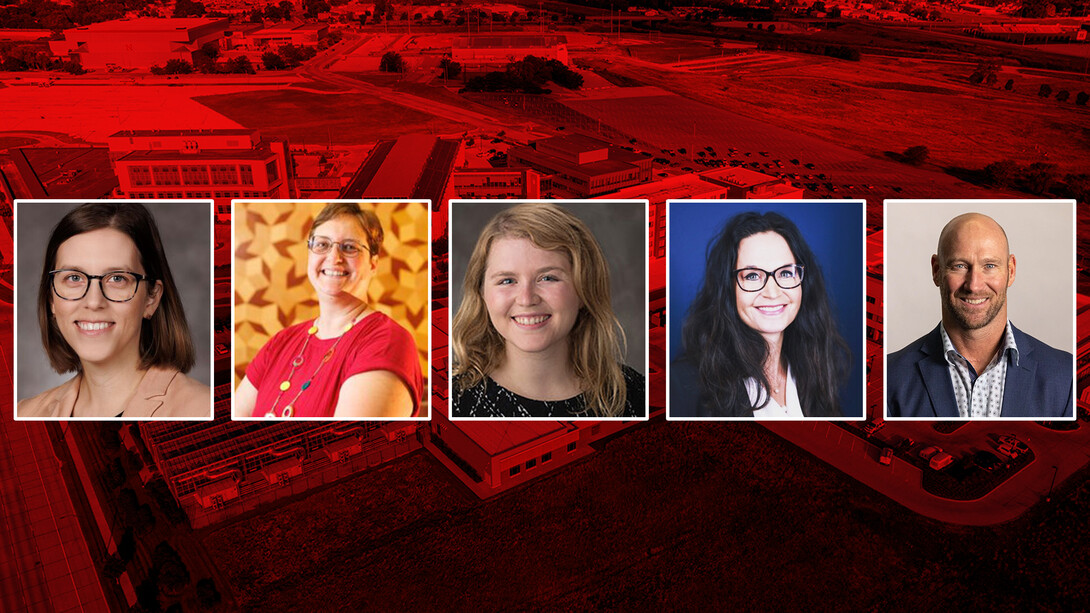 (From left) portraits of Amy Bennett, research assistant professor in the Center for Science, Mathematics and Computer Education; Wendy Smith, research professor and the center’s director; Rachel Funk, postdoctoral researcher in the center; Dannika Nelson, ImpactED co-founder and chief operating officer; and Merritt Nelson, ImpactED co-founder and CEO, on a red-tinged photo of Nebraska Innovation Campus.