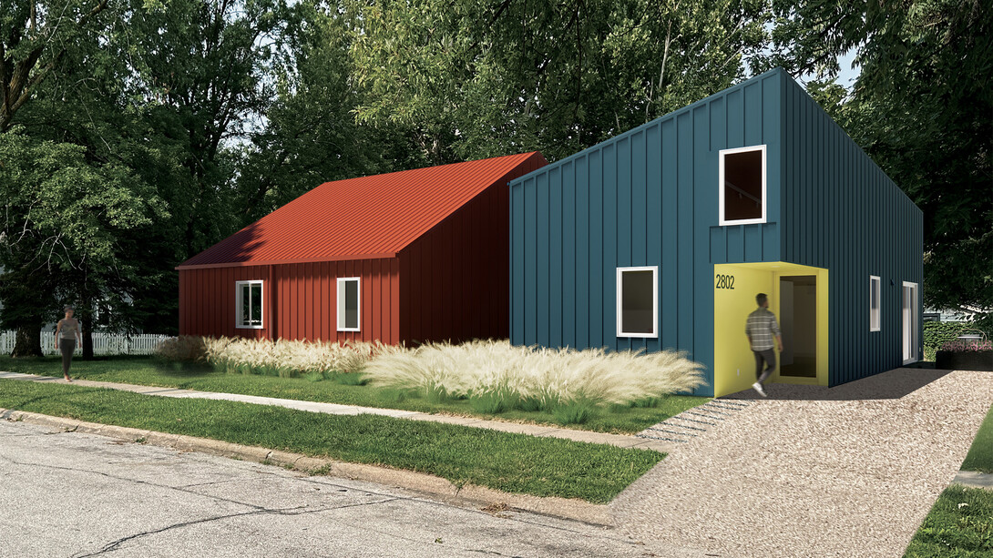 This rendering shows the Corby (left) and Benson Houses that will be built at 5804 Corby St. in Omaha’s historic Benson neighborhood. The Corby House is red, and the Benson House is blue with a yellow entryway.