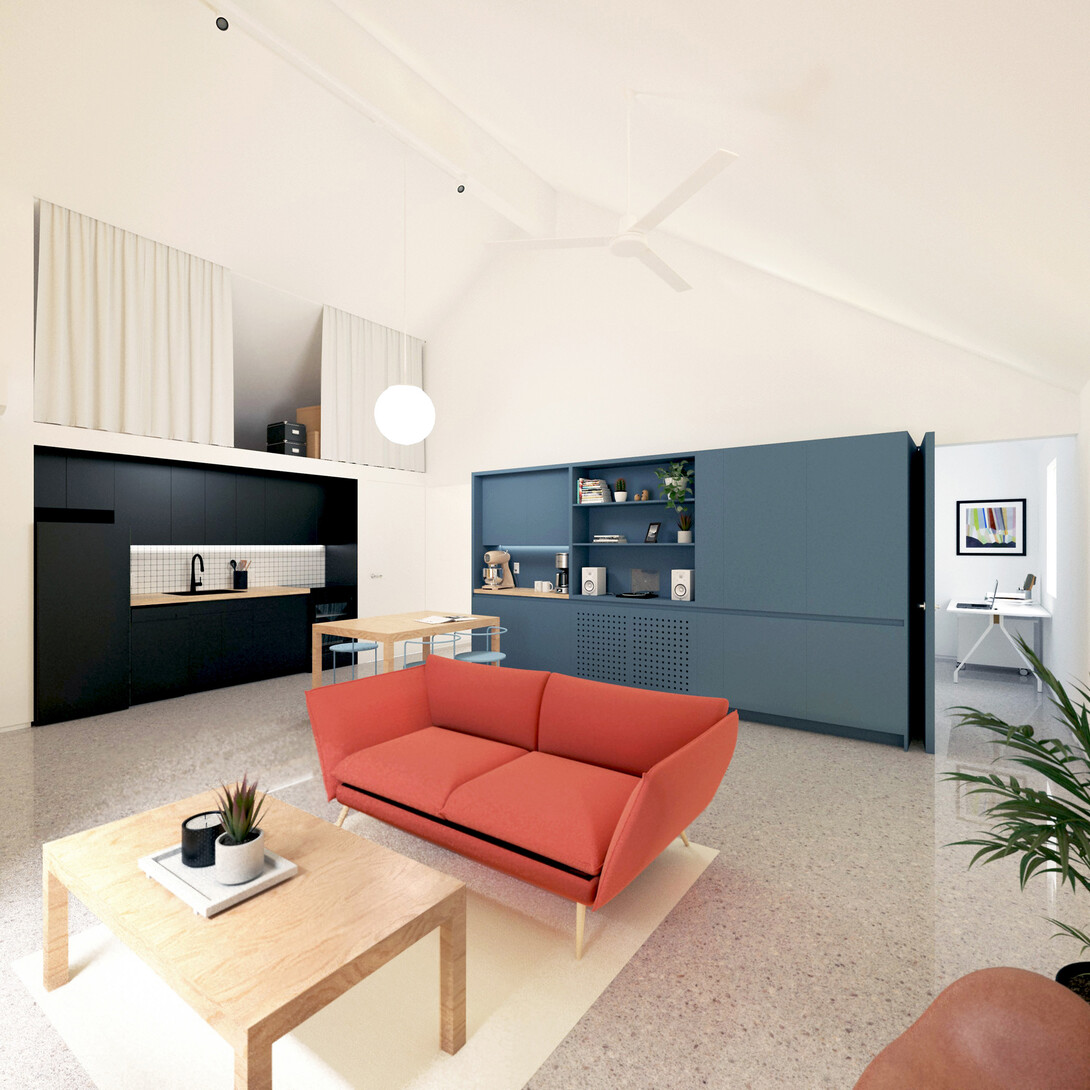 This rendering shows the interior of the Corby House. There is a large living space with a sofa, coffee table, table, kitchen nook, overhead storage, coffee nook and shelving unit. Toward the back is a smaller room, with a work desk visible.