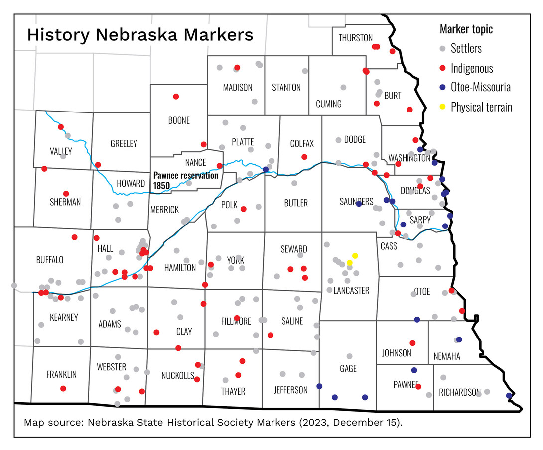 A map of southeast Nebraska historical markers with the topics "settlers," "Indigenous," "Otoe-Missouria" and "physical terrain."