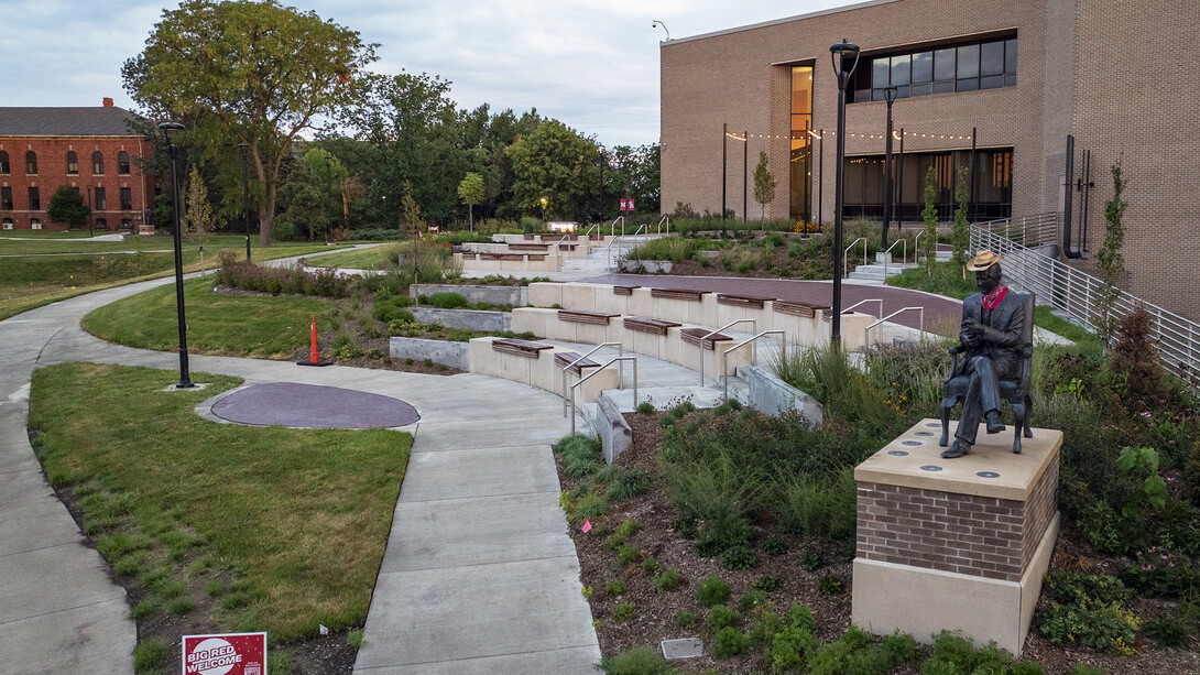 The remodeled Legacy Plaza Amphitheater is seen at sunset near the Nebraska East Union.