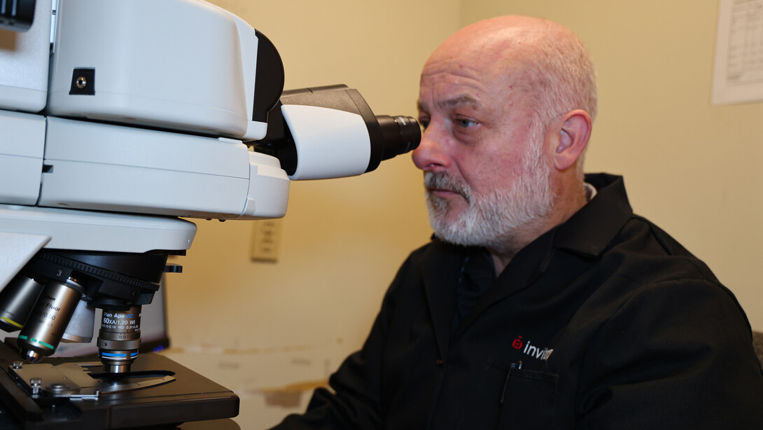 Richard Wilson, Charles Bessey Professor of plant pathology, looks through a microscope.
