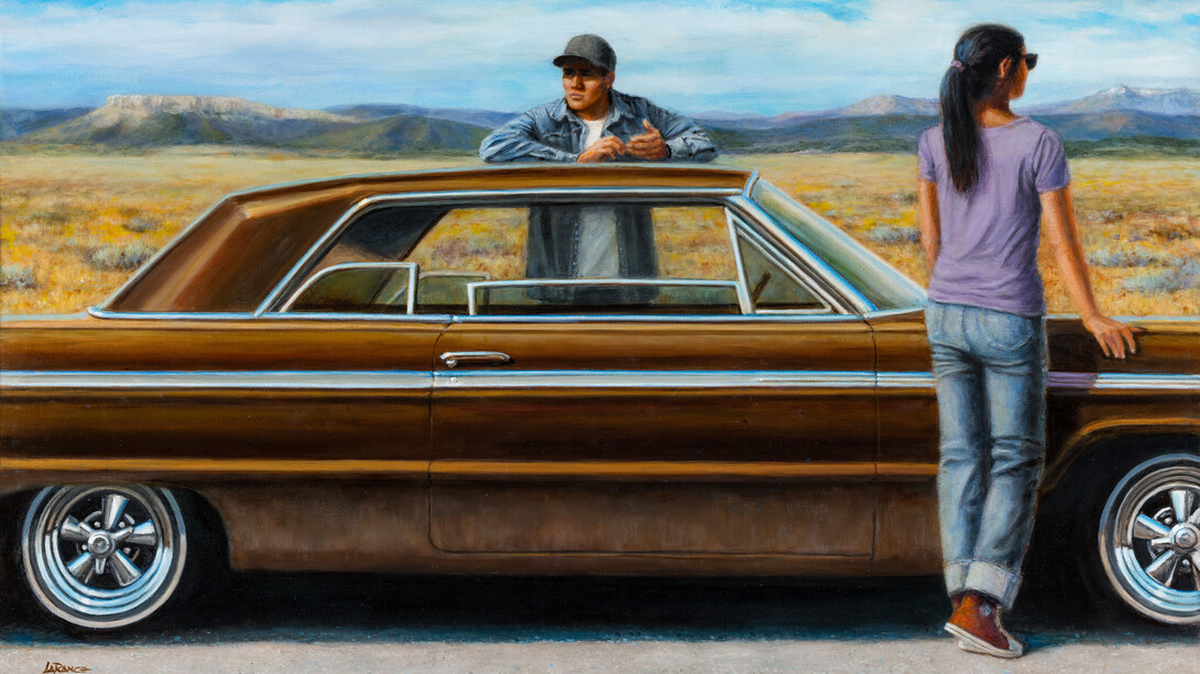 “Drive-In Church” by Steve C. LaRance (Little Shell Tribe of Chippewa Indians) — a 2022 oil painting of a young man and young woman standing on either side of a brown car with a prairie and mountains in the background.