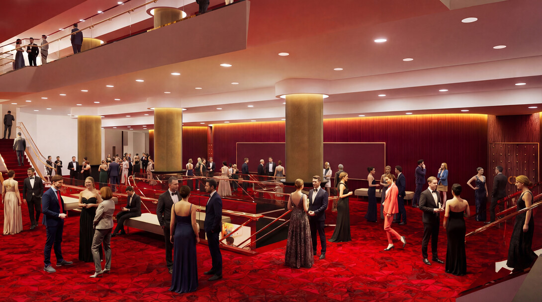 A rendering of people in formal attire in a renovated lobby of the Lied Center for Performing Arts.