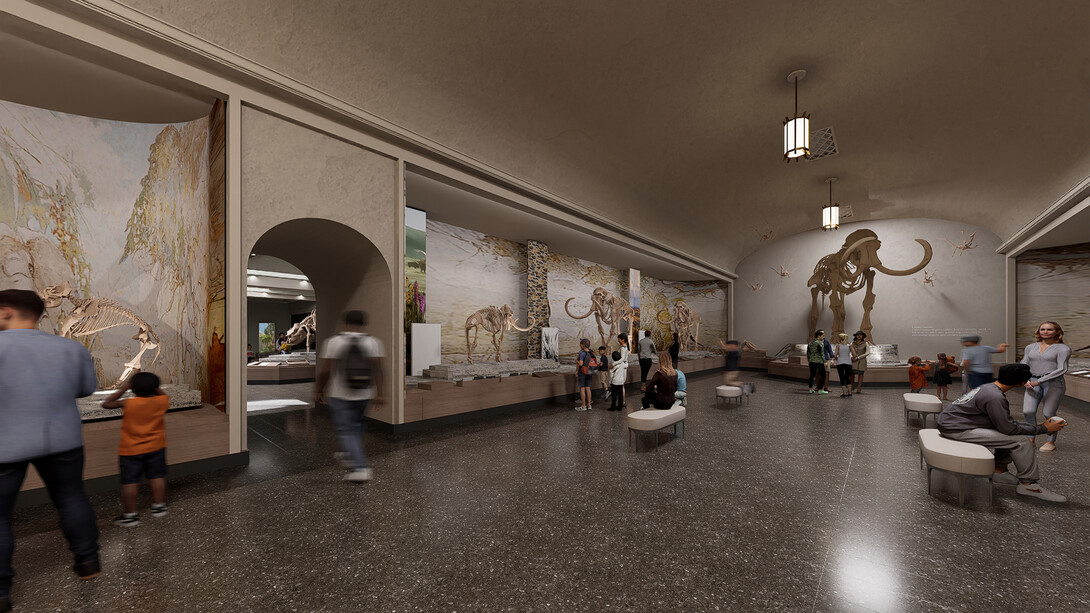 A rendering of a renovated Elephant Hall at the University of Nebraska State Museum-Morrill Hall, with people observing mammoth and mastodon fossils.