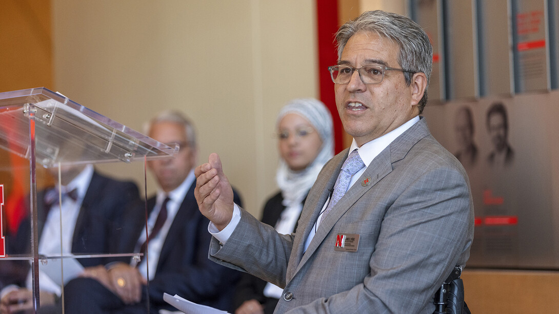 Lance C. Pèrez talks during the June 28 Kiewit Hall groundbreaking.