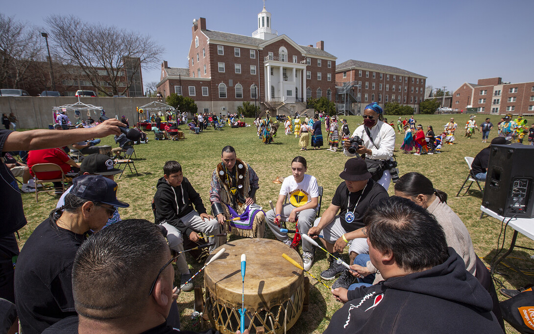 Omaha White Tail performs at the start of the UNITE powwow. The event featured numerous drum groups. Omaha White Tail represented the Southern Drum.