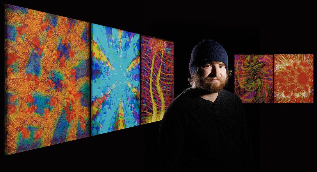 Sage Reiger, a videographer/editor with Nebraska Public Media, has synesthesia and his brain processes music as colors. He has produced artwork based on music. Song represented are (from left) Bob Dylan’s “Stuck Inside of Mobile with the Memphis Blues Again,” Denzel Curry’s “Melt Session #1,” Porter Robinson’s “Musician,” Phil Collins’ “In the Air Tonight,” and Injury Reserve’s “Superman That.” 