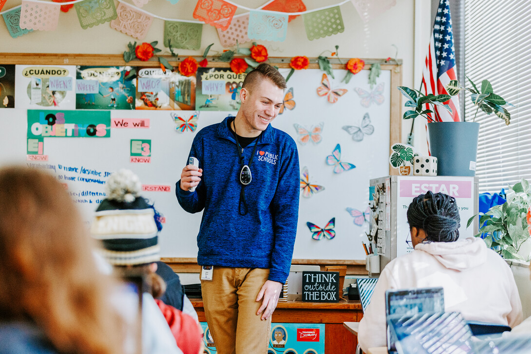 Brandt stands in front of his Spanish class at Lincoln Southeast High School.