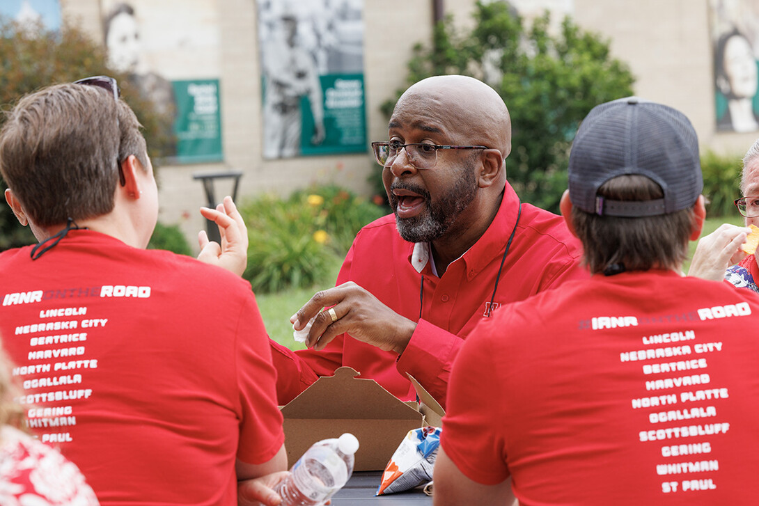 Chancellor Rodney Bennett interacts with Nebraskans on the Road Scholar tour.