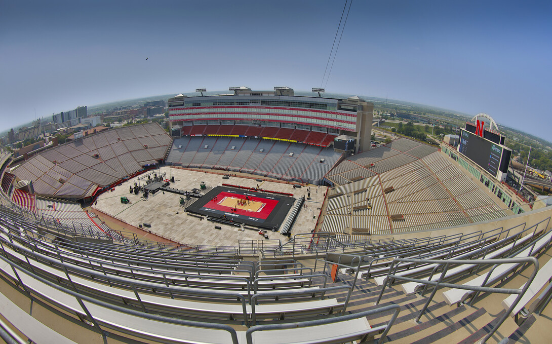 Memorial Stadium is transformed with a volleyball court.