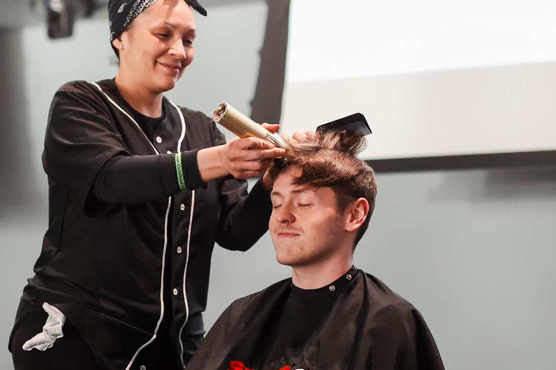 Trey Lamkins shaved head for Shave for the Brave event April 4 at Cather Dining Complex.