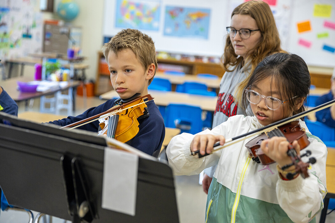 Cassidy Warta, a sophomore music education major, teaches a first-year small group class.