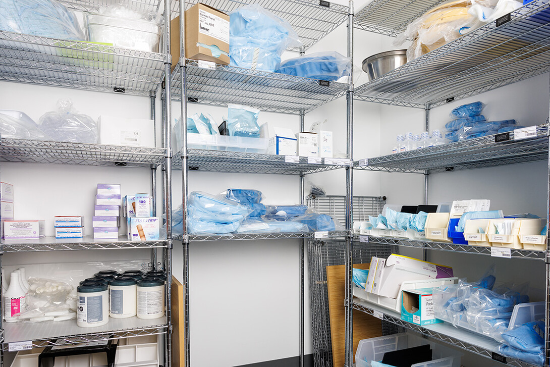 Medical supplies are photographed inside a supply closet at the Nebraska Medicine University Health Center.